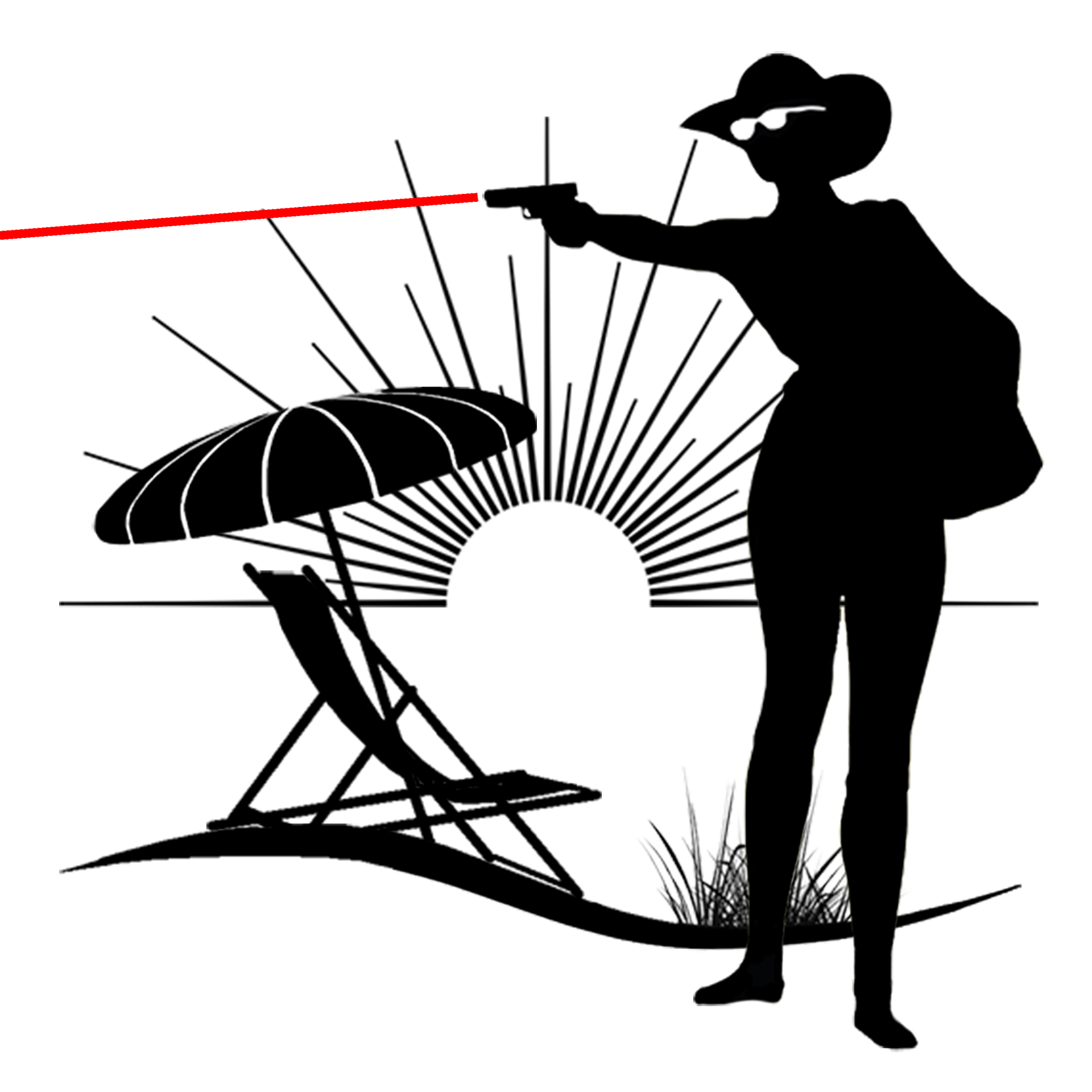Девушка стреляет в лазерном тире на пляже возле шезлонга и зонтика